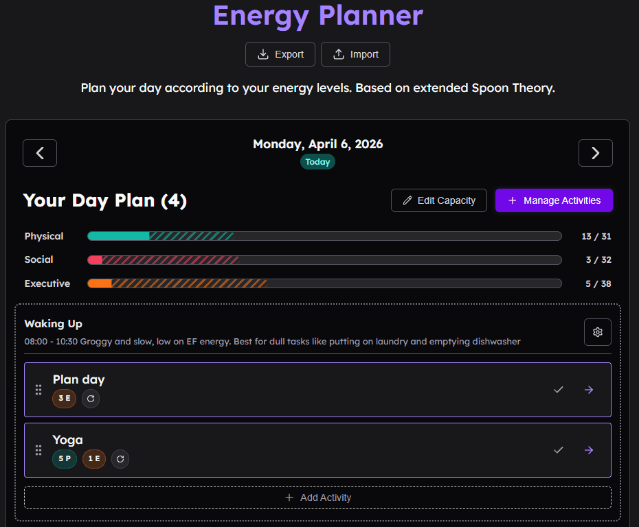 Energy Planner Home page, showing energy capacity and usage for the day, and activities planned into zones