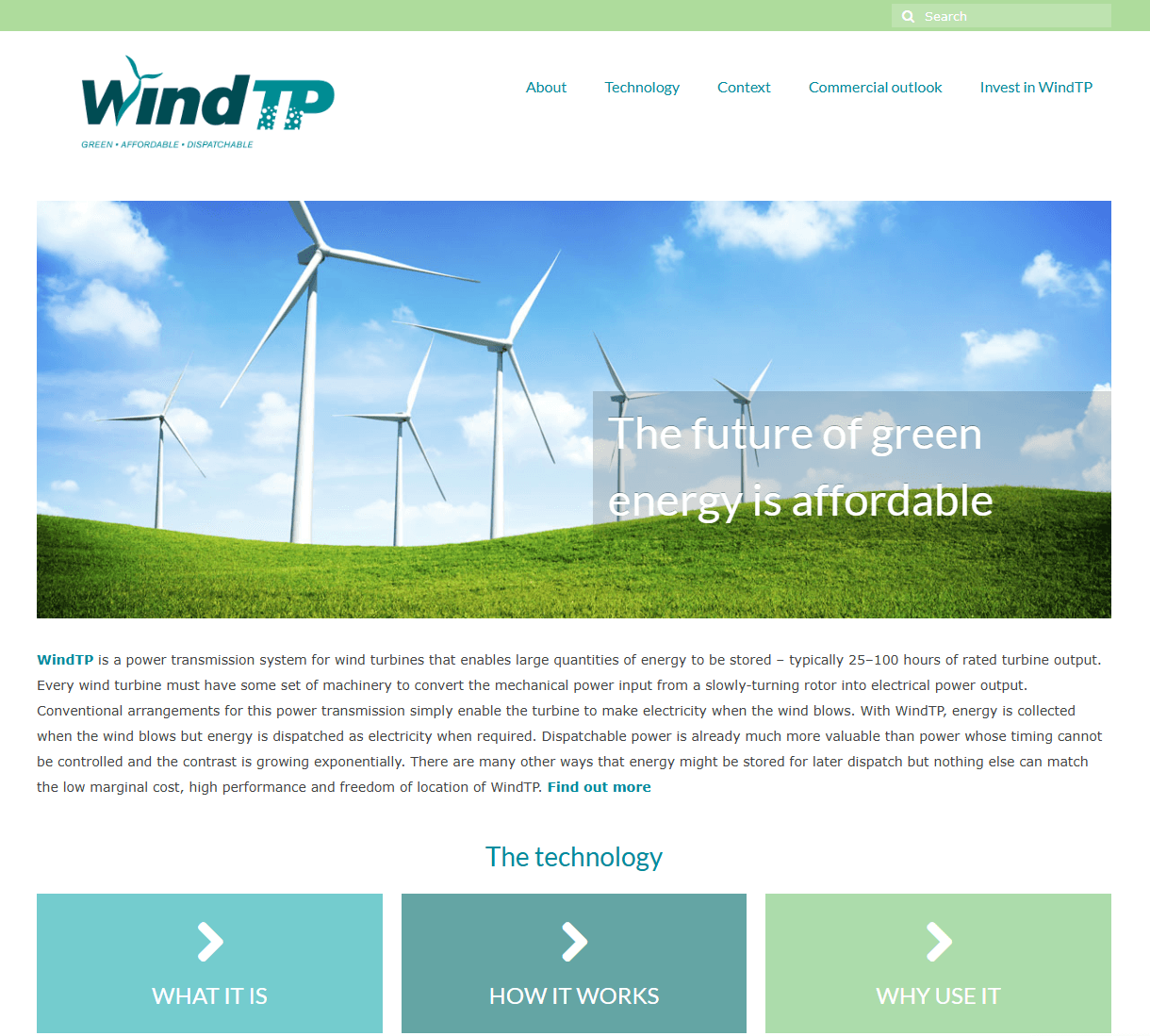 WindTP website homepage, showing a hero image of wind turbines and sections for technology, team, and contact information